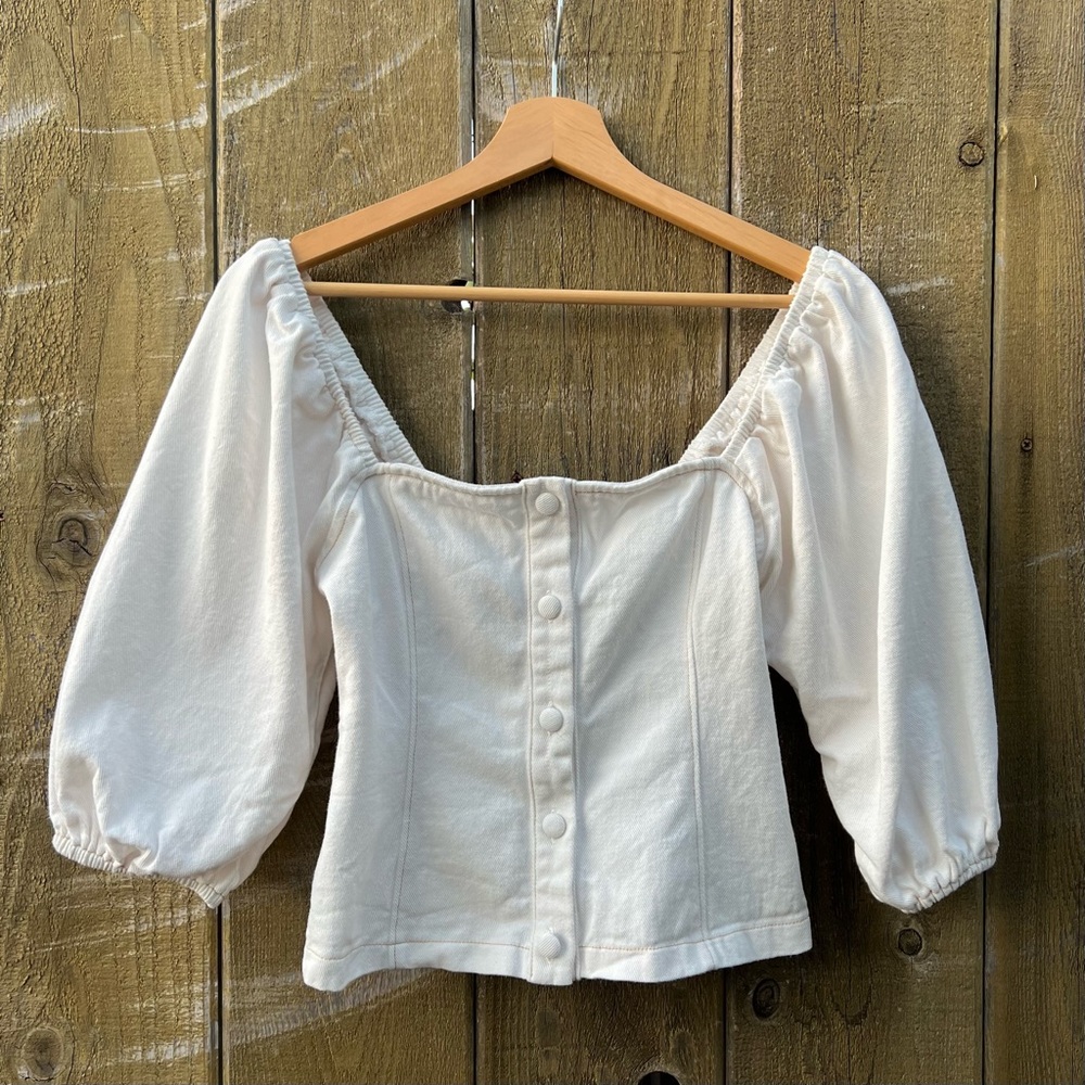 LUSH Ivory Denim Puff-sleeve Button Corset Top 🌿